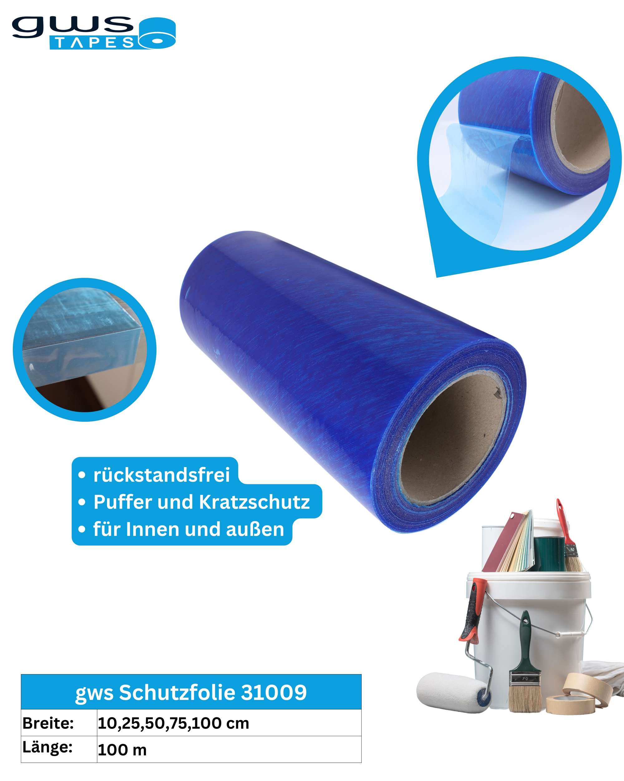 31009-003 PE Schutzfolie Oberflächenschutzfolie rutschfest, 100 m x 750 mm, blau