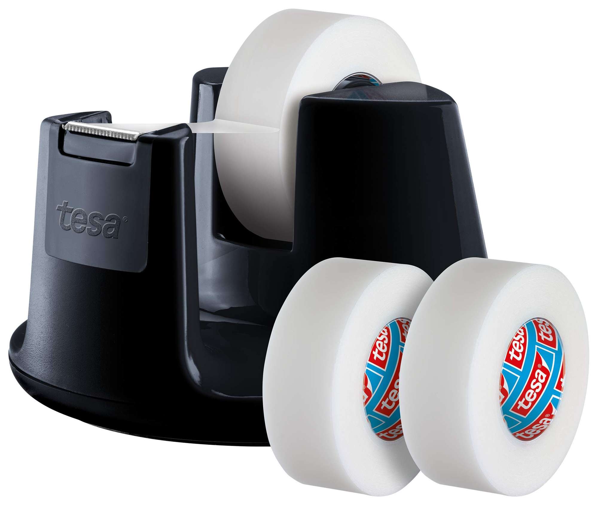 53832-000 tesafilm Tischabroller Compact fuer Rollen bis 33 m x 19 mm, Schwarz + 3 Rollen invisible (33 m x 19 mm)
