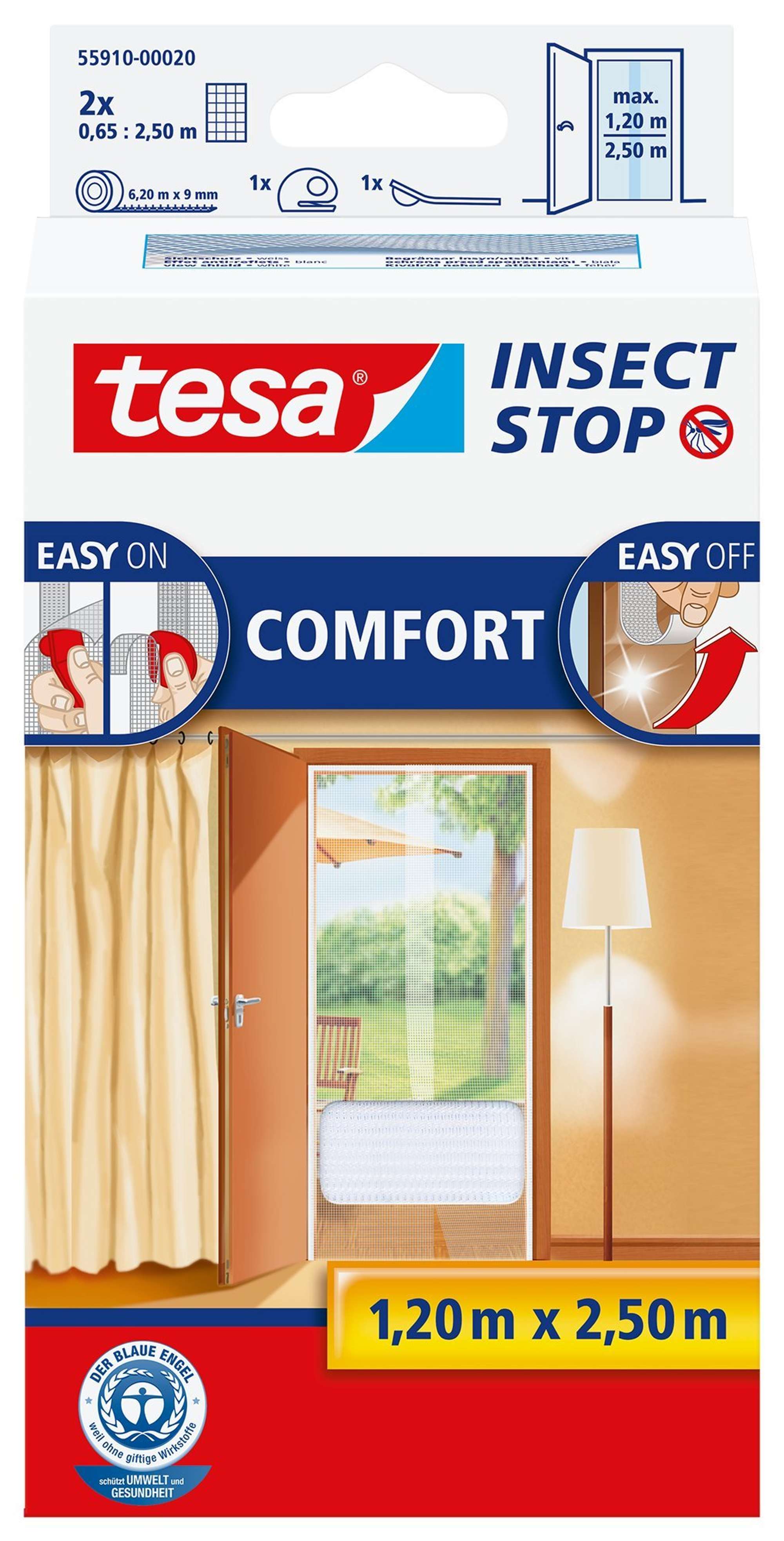 tesa Insect Stop Fliegengitter COMFORT fuer Tueren, 2 x 0,65 m x 2,50 m, weiss