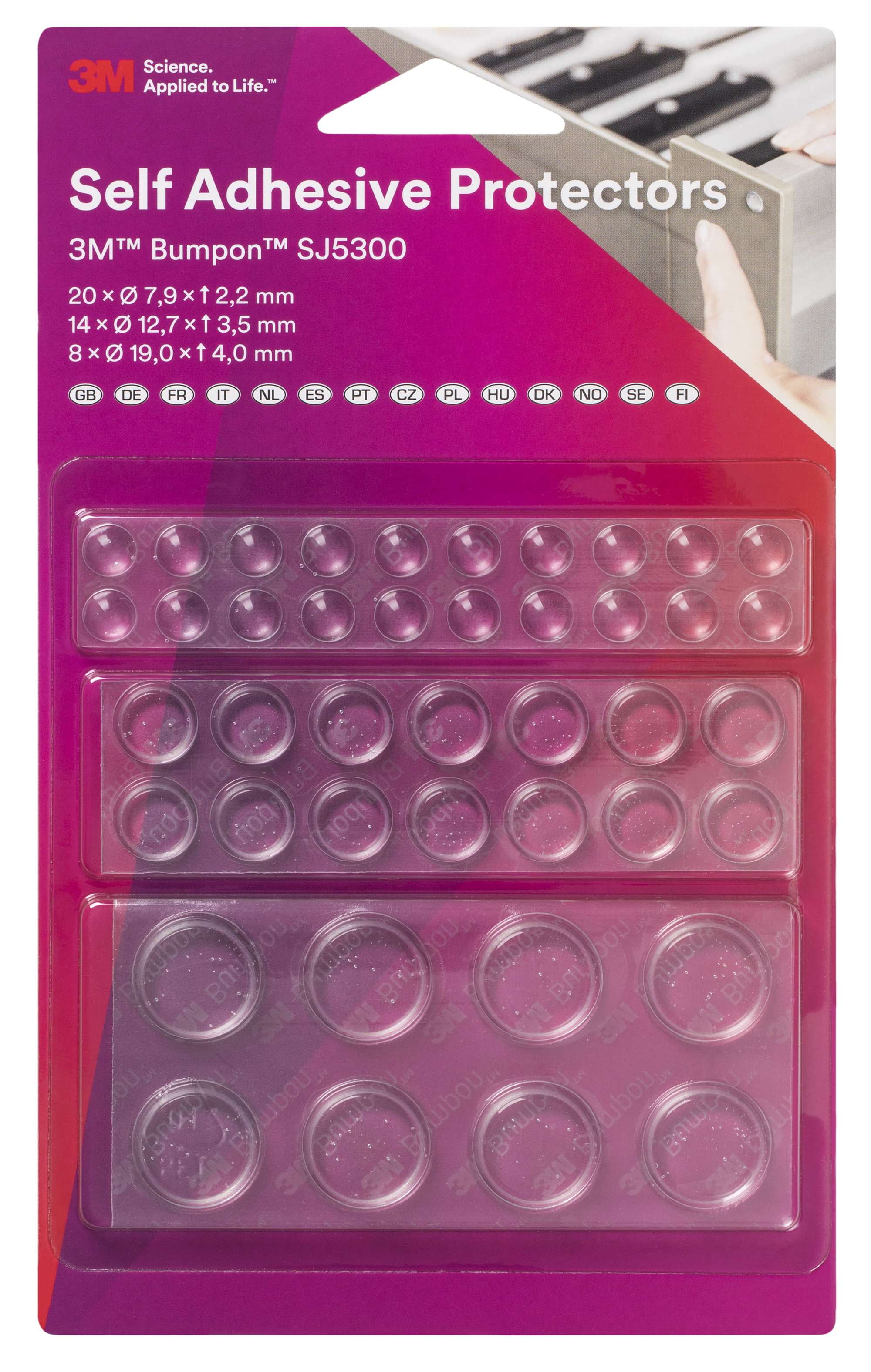 3M Bumpon SJ5300BL Elastikpuffer Mini-Pack (20x SJ5302, 14x SJ5312, 8x SJ5344), Transparent