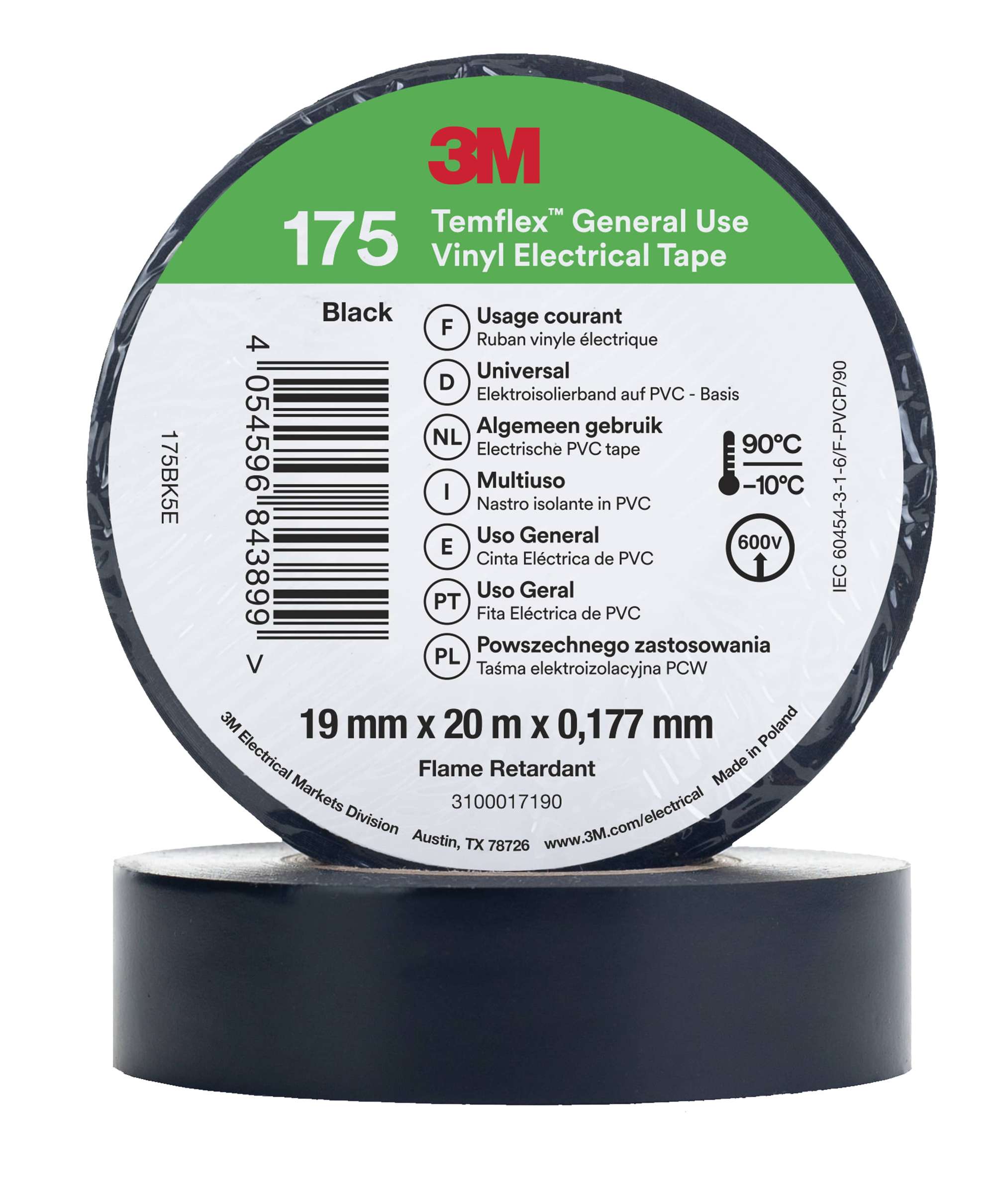 3M Temflex 175 Vinyl Elektro-Isolierband, 20 m x 19 mm, schwarz