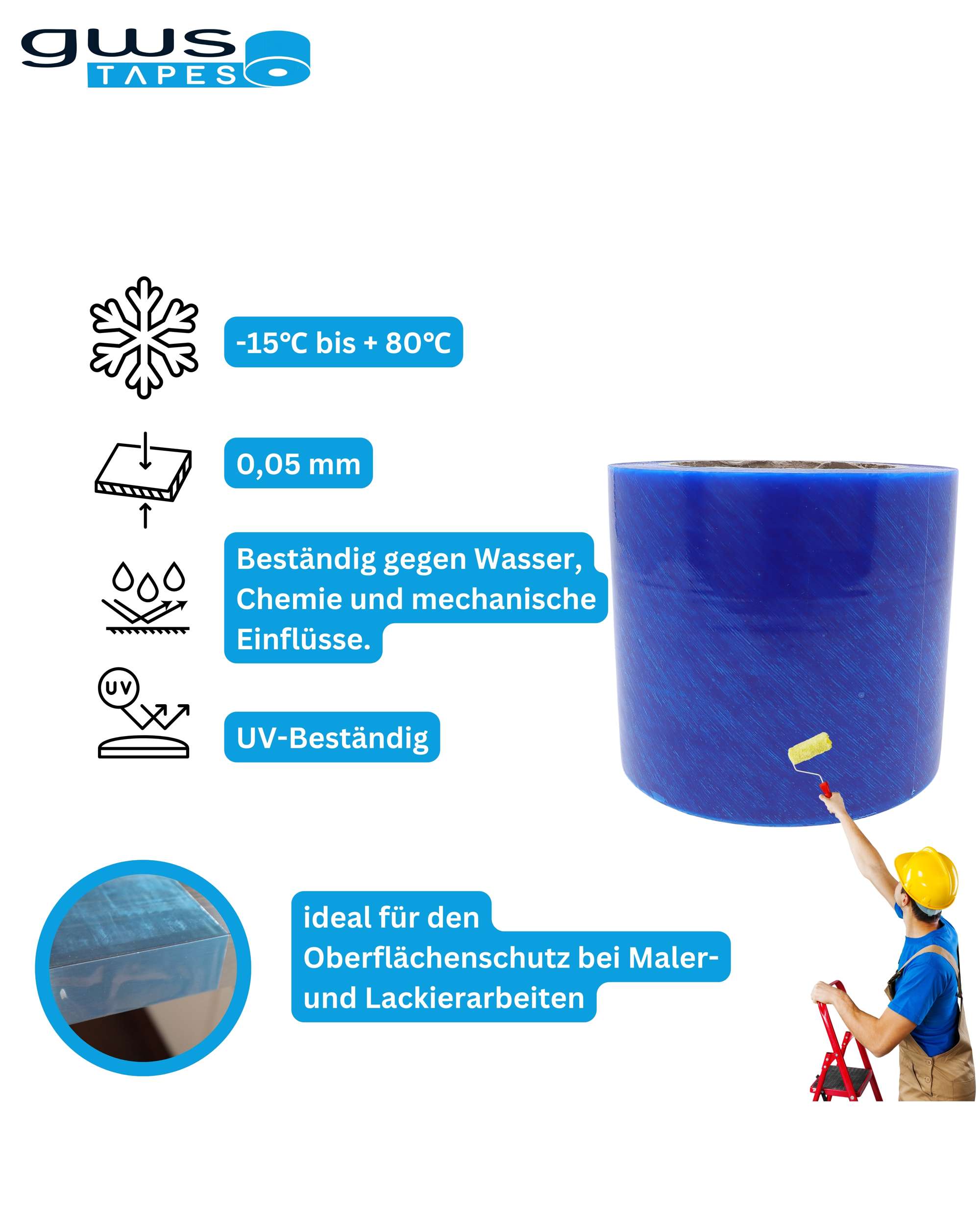 31009-000 PE Schutzfolie Oberflächenschutzfolie rutschfest, 100 m x 100 mm, blau