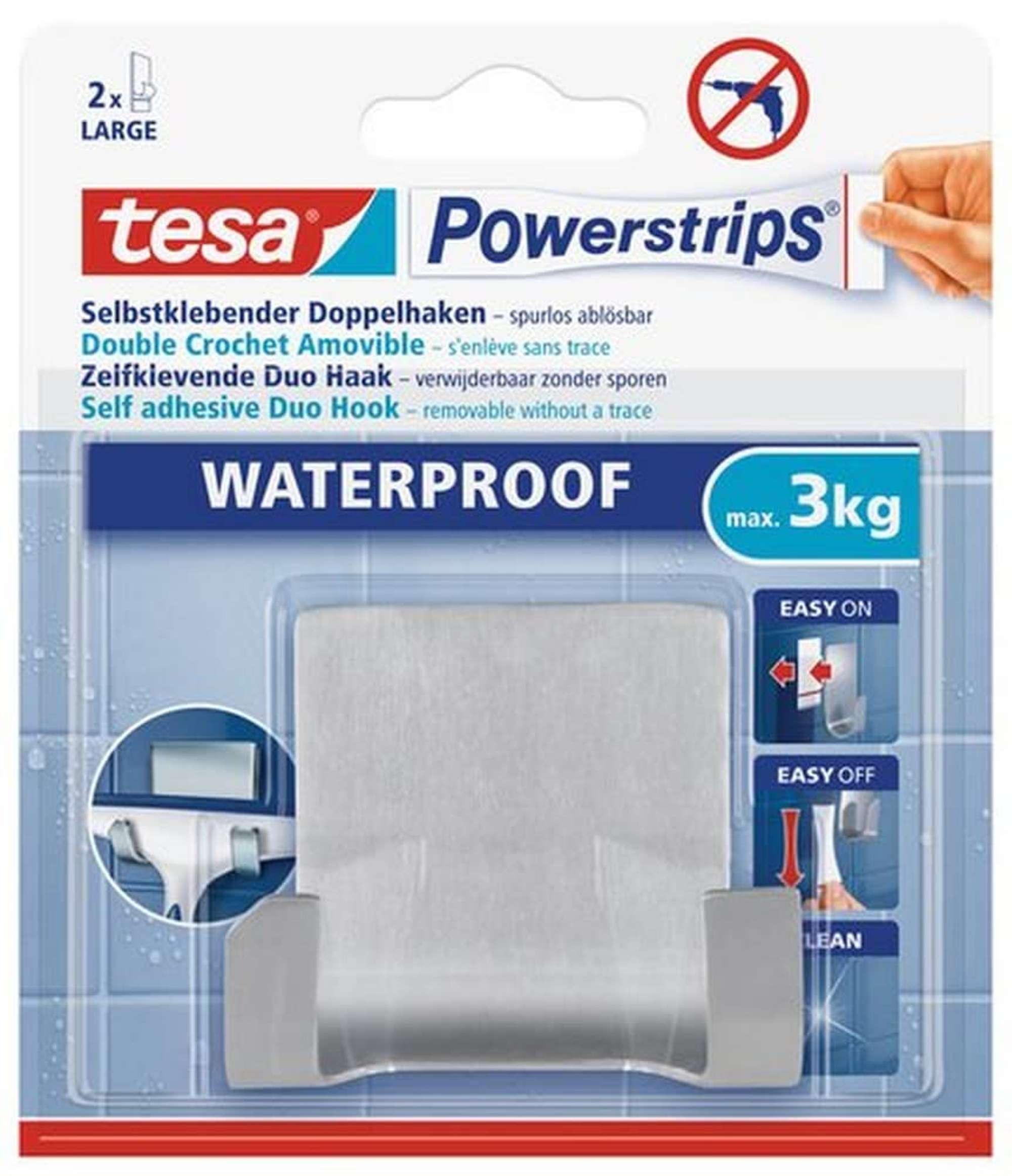 tesa Powerstrips Waterproof Duohaken 59710 Metall, 1 Haken (Edelstahl) + 2 Strips Waterproof Large