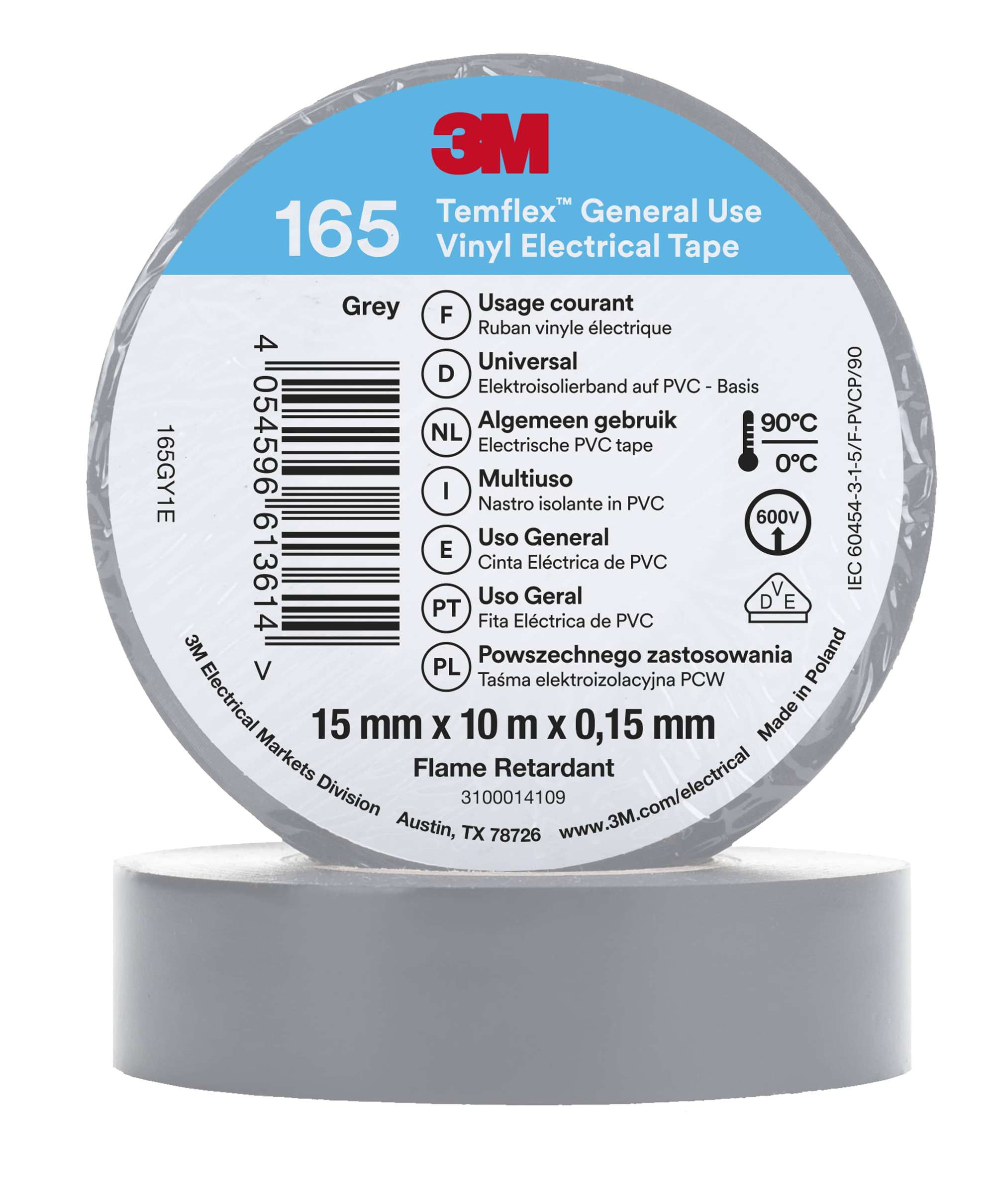 3M Temflex 165 Vinyl Elektro-Isolierband, 10 m x 15 mm, grau